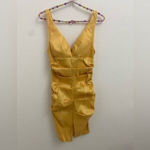 dress, ruched, v neck, yellow, small, mini